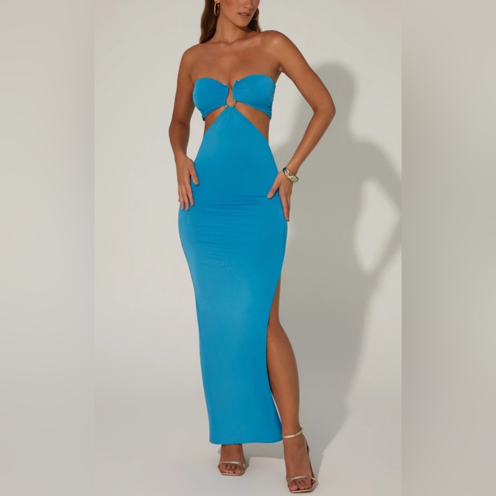 NEW Oh Polly Juniper Ruched Hardware Detail Bandeau Floor Length Dress in Blue 8